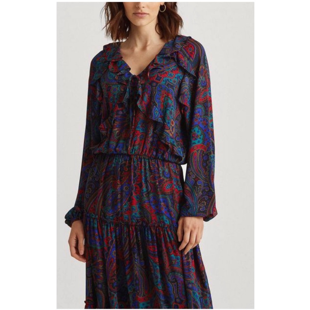 Ralph Lauren Georgette Paisley Midi Ruffle Dress